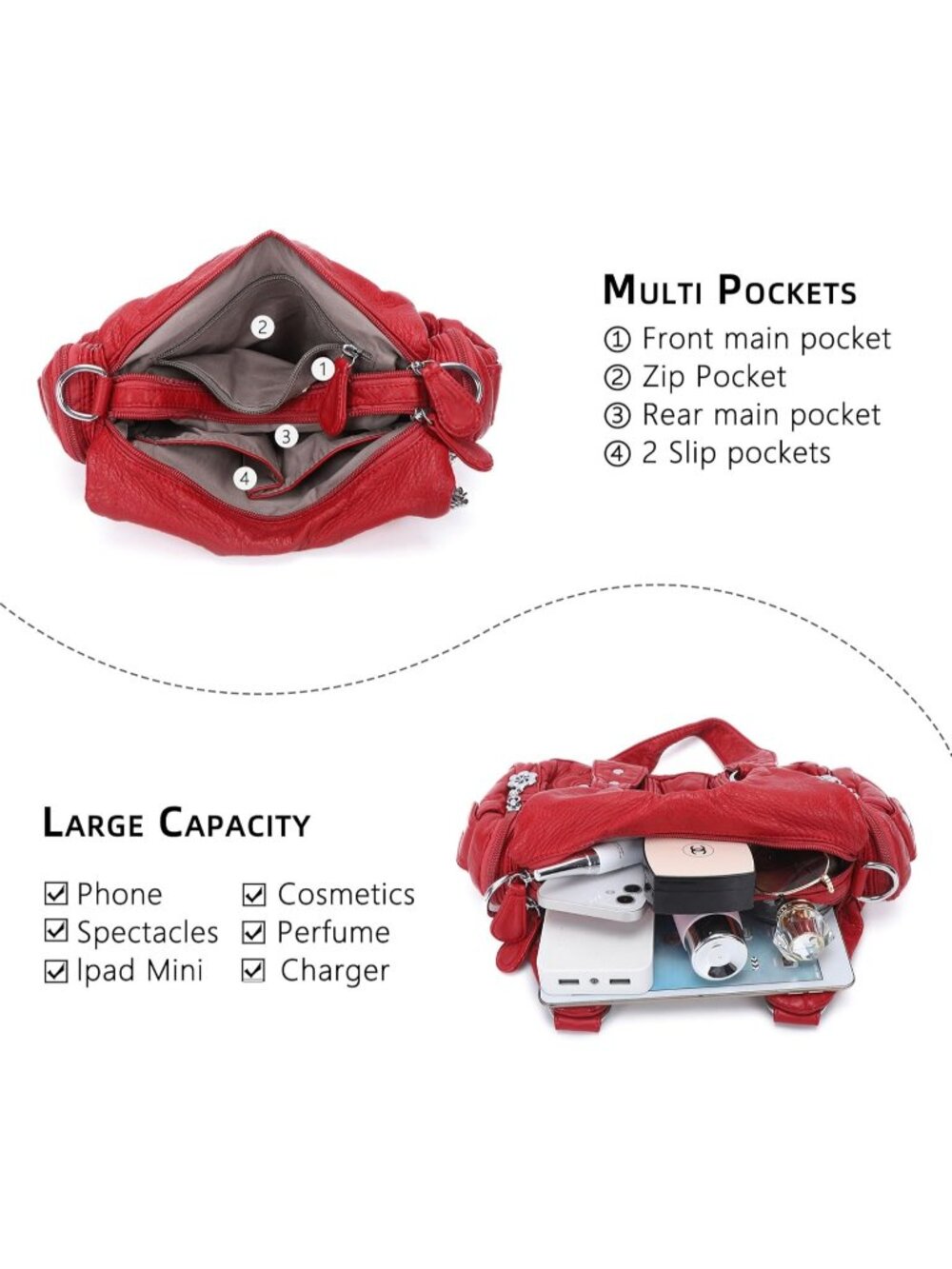 Women's Red PU leather Zipper Multi-Pocket Small Hobo Shoulder Bag - Picture 4 of 6